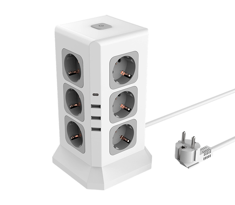 E11 trådbunden multifunktionell grenuttag med 12 uttag i europeisk stil, 3 USB-A-portar och 1 USB-C-port, med switch