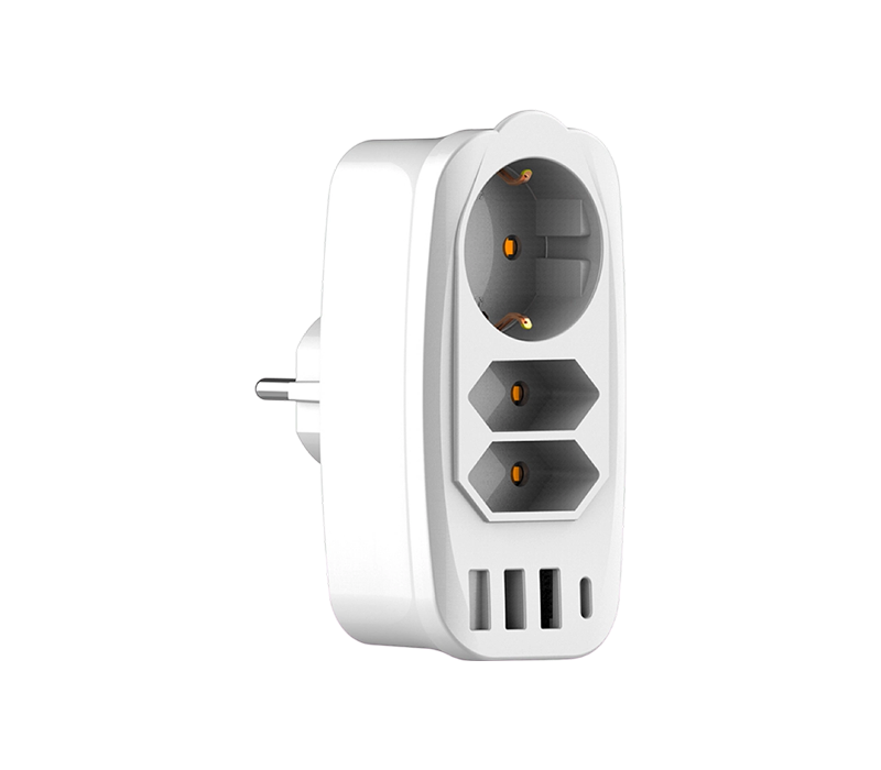 E06 Plug-in multifunktionell grenuttag med 2 europeiska typ C-uttag, 1 Europeisk typ F-uttag, 3 USB-A-portar och 1 USB-C-port