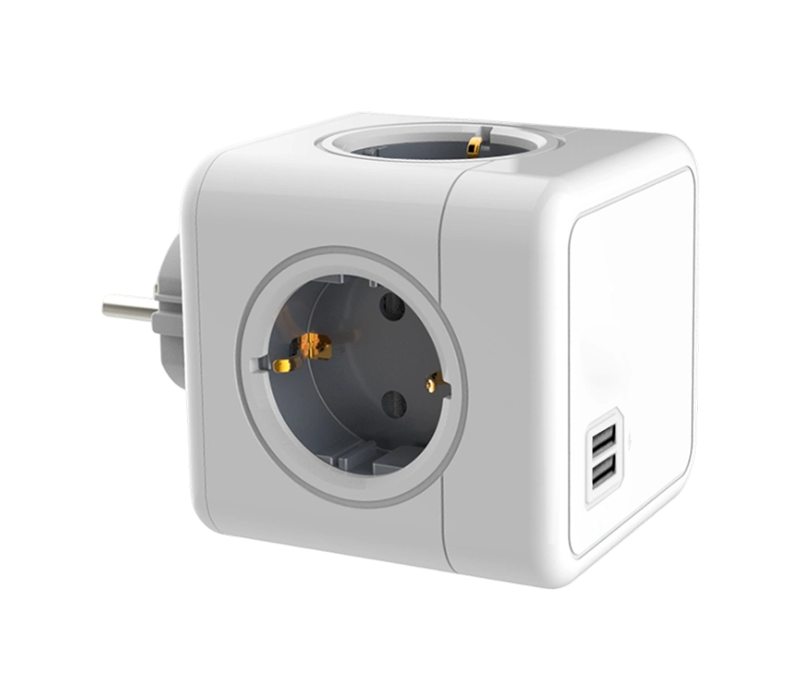 E02A Plug-in Cube Power Strip med 4 Euro-Style-uttag och 2 USB-A-portar