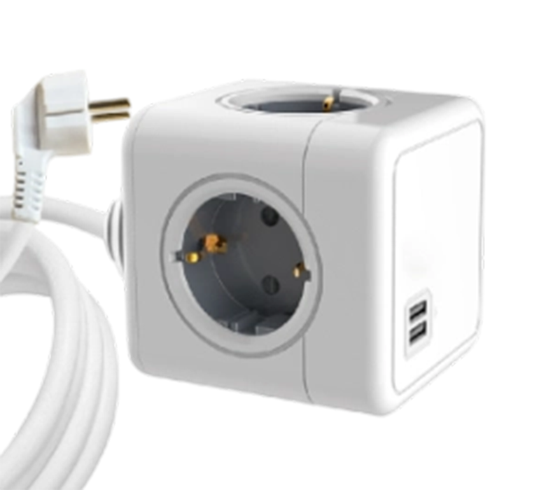 E04A kabelansluten kub-grenuttag med 4 uttag i europeisk stil och 2 USB-A-portar