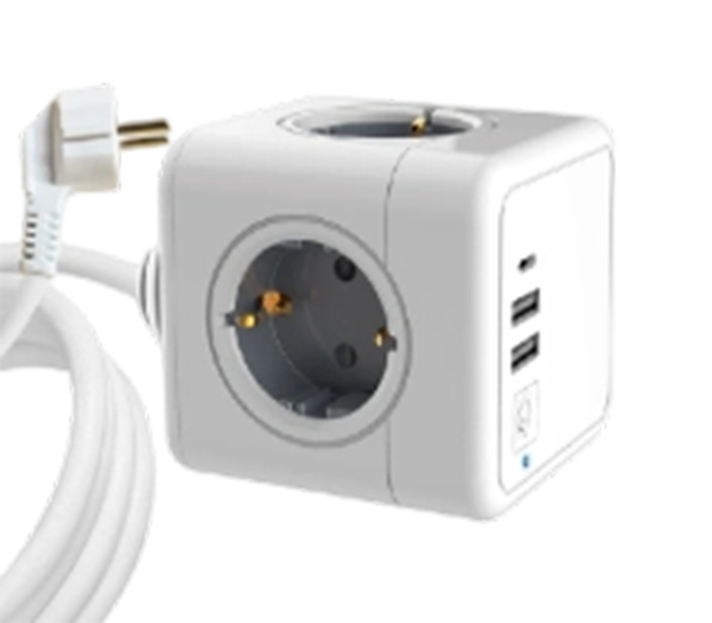 E04C kabelansluten kub-strömkontakt med 4 uttag i europeisk stil, 2 USB-A-portar och 1 USB-C-port
