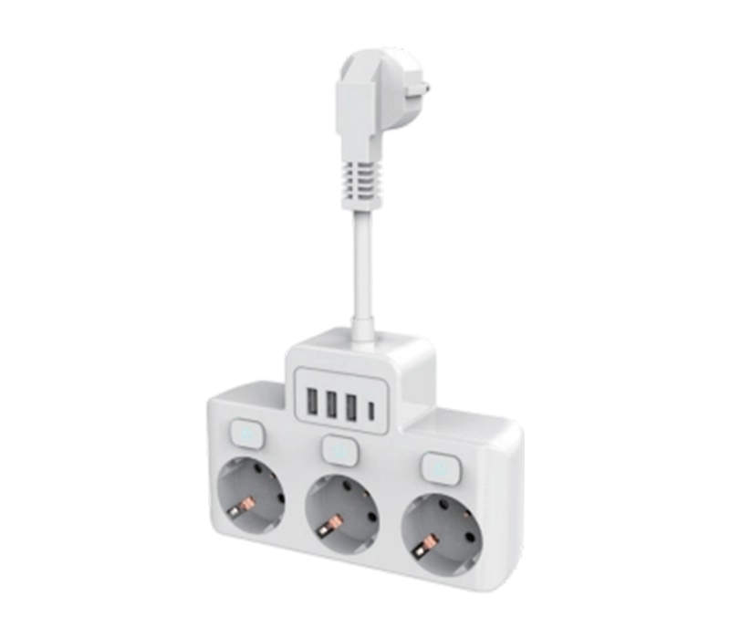 E14 kabelansluten grenuttag med 3 uttag i europeisk stil, 3 USB-A-portar och 1 USB-C-port, med oberoende switch
