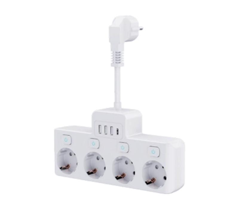 E14-4 kabelansluten grenuttag med 4 uttag i europeisk stil, 3 USB-A-portar och 1 USB-C-port, med oberoende switch