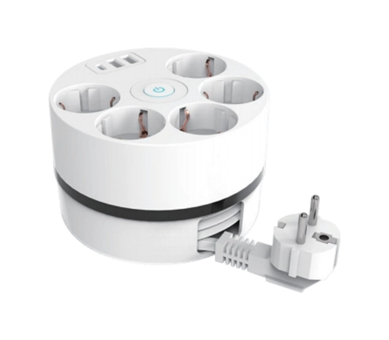 E18-kabelupprullare med indragbar sladd, 5 uttag i europeisk stil, 2 USB-A-portar och 1 USB-C-port, switch ingår
