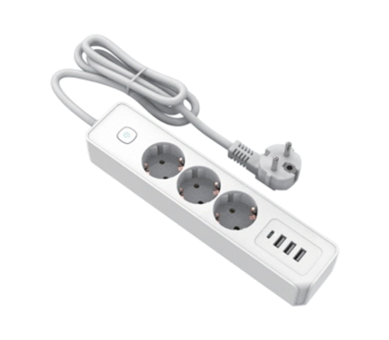 E21-3 Power Strip i europeisk stil med 3 uttag, 3 USB-A-portar och 1 USB-C-port, switch ingår