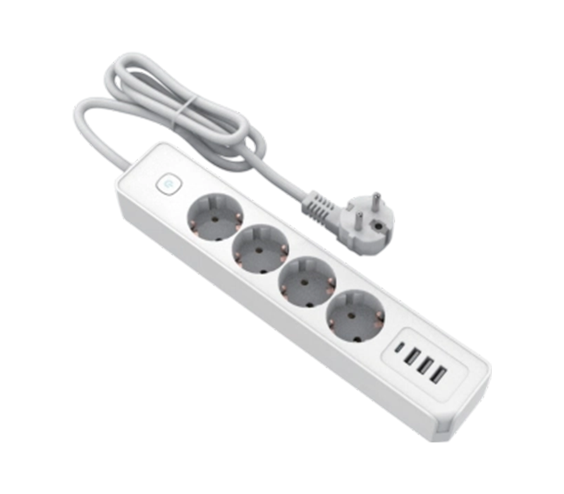 E21-4 Power Strip i europeisk stil med 4 uttag, 3 USB-A-portar och 1 USB-C-port, switch ingår