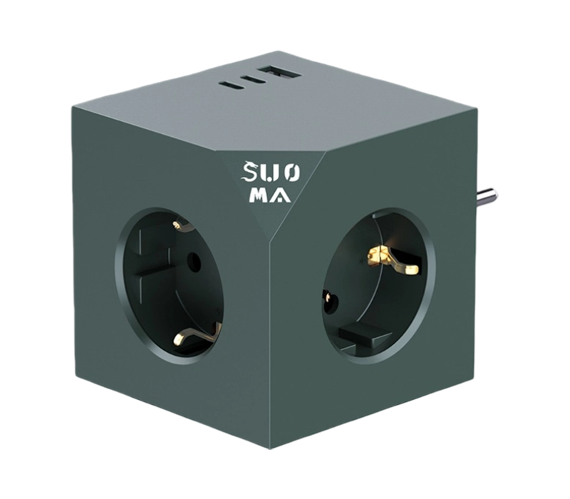 E24 Plug-In Cube Power Strip med 3 uttag i europeisk stil, 1 USB-A-port och 2 USB-C-portar