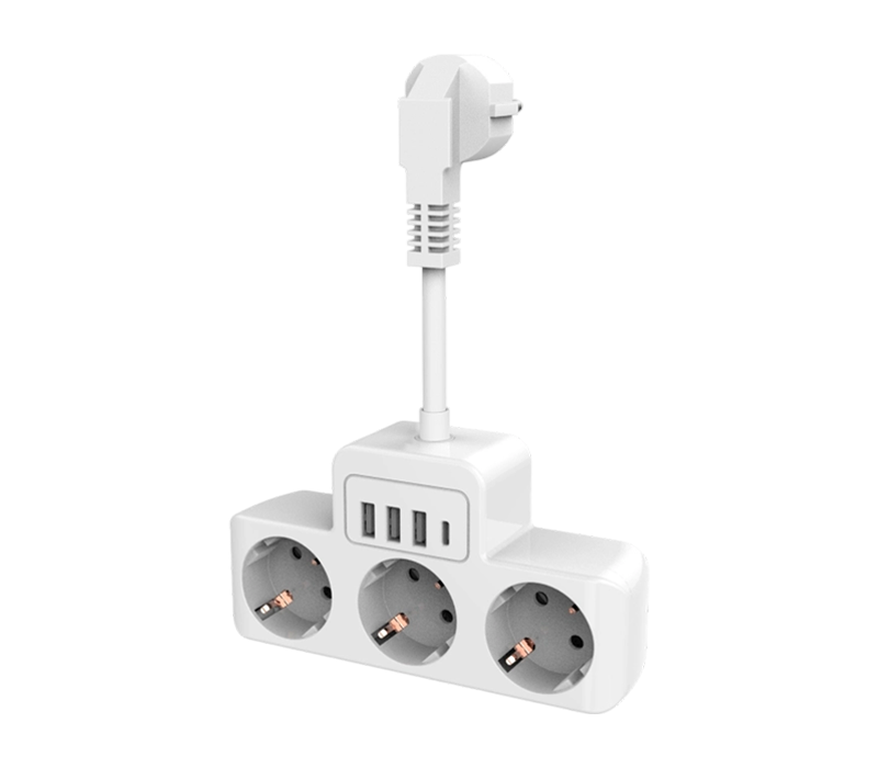 E13 kabelansluten grenuttag med 3 uttag i europeisk stil, 3 USB-A-portar och 1 USB-C-port