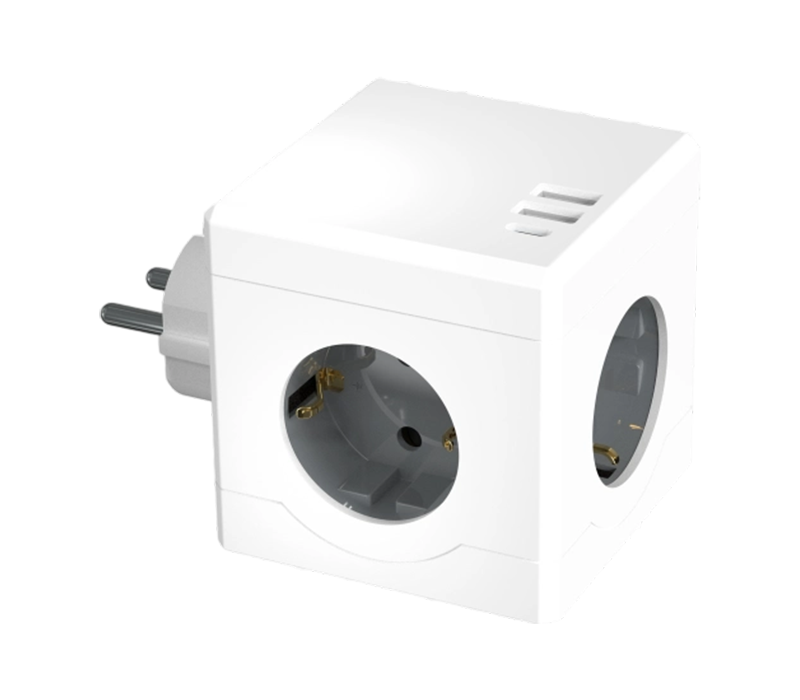 E15-C Plug-in Cube Power Strip med 3 uttag i europeisk stil, 2 USB-A-portar och 1 USB-C-port