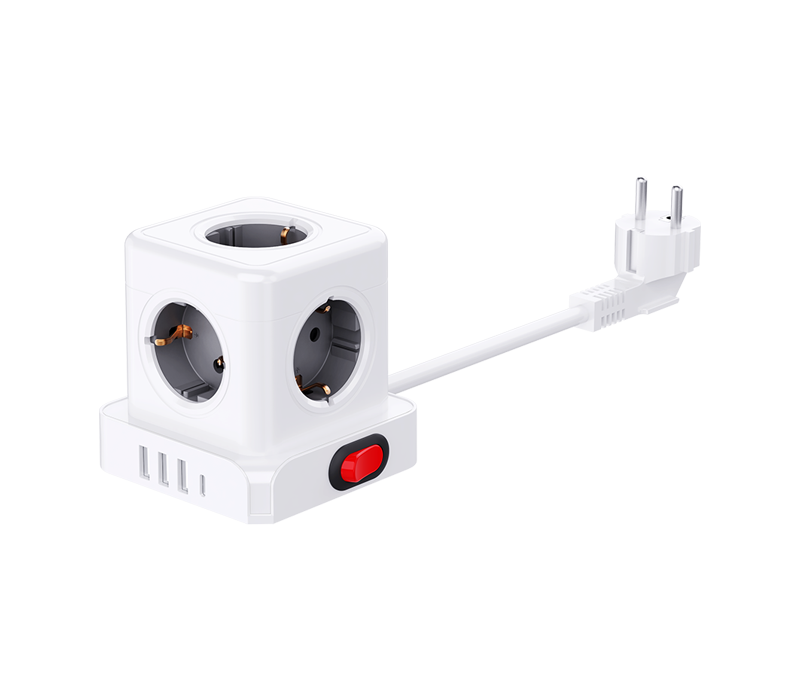 E23 trådbunden Cube Power Strip med 5 uttag i europeisk stil, 3 USB-A-portar och 1 USB-C-port, med switch