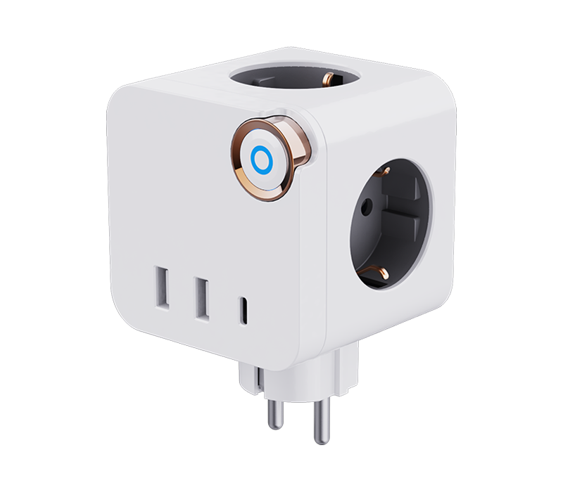 E19 Plug-In Cube Power Strip med 3 uttag i europeisk stil, 2 USB-A-portar och 1 USB-C-port, med switch