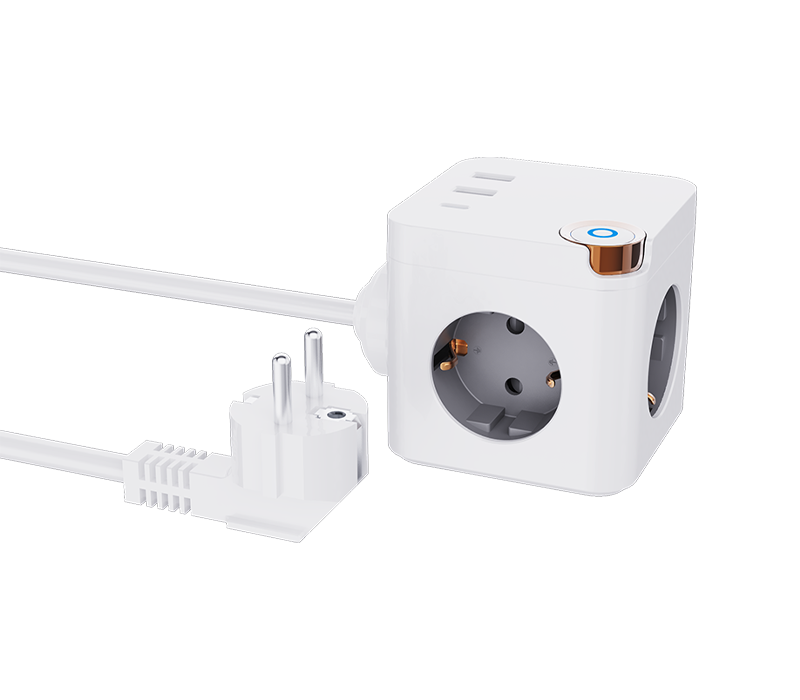 E20 trådansluten kub-strömkontakt med 3 uttag i europeisk stil, 2 USB-A-portar och 1 USB-C-port, med switch